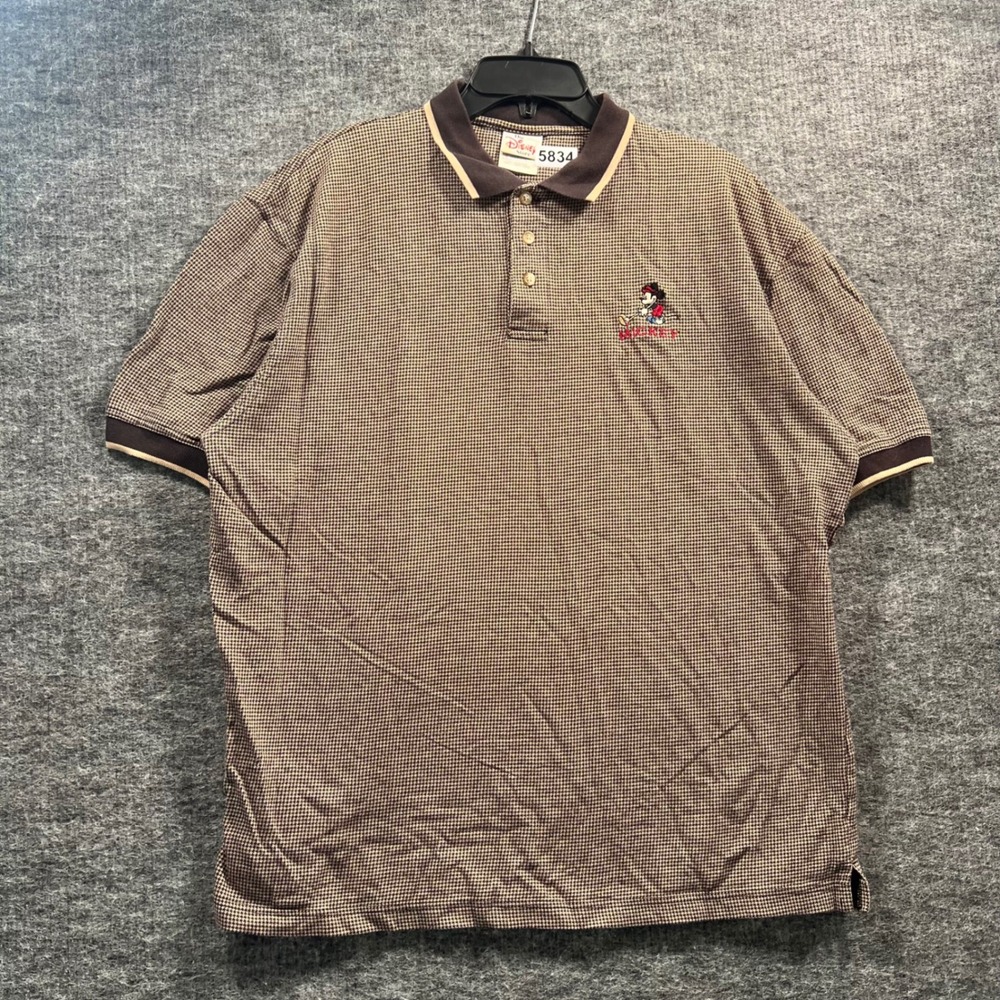 Vintage Disney Store Mickey Mouse Houndstooth Polo Shirt Brown Mens Large 5834